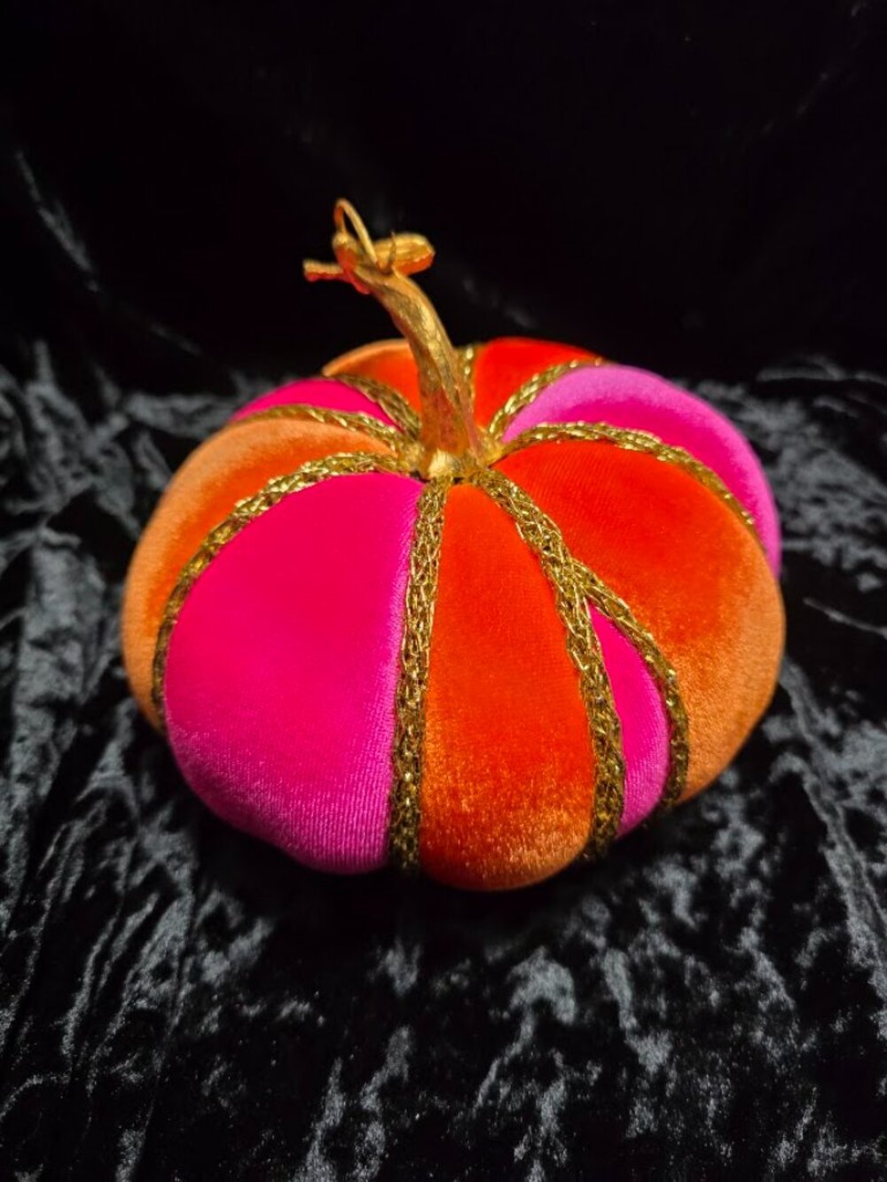 Orange and Hot Pink Velvet Pumpkin, Gold Cord Trim, Handcrafted - Picture 2 of 6